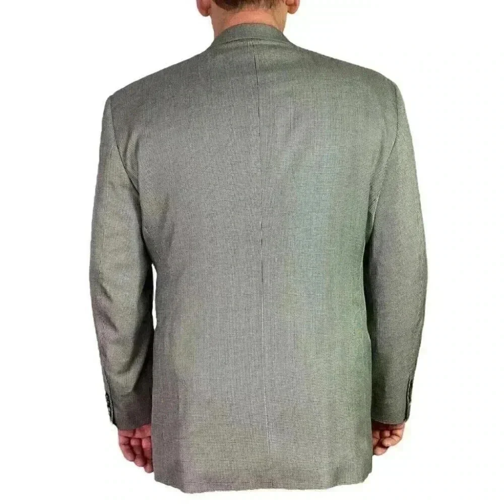 Stafford Blazer Jacket Men 48R Beige Black Check Silk Wool Classic Sport Coat